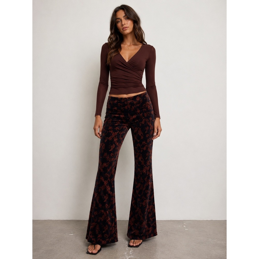 Zara Velvet Pants Flare Leg Floral Size S Velour Dark Romantic Boho Fall